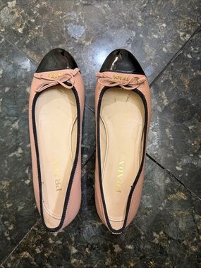 Prada Nude and Black Cap-Toe Leather Ballet Flats